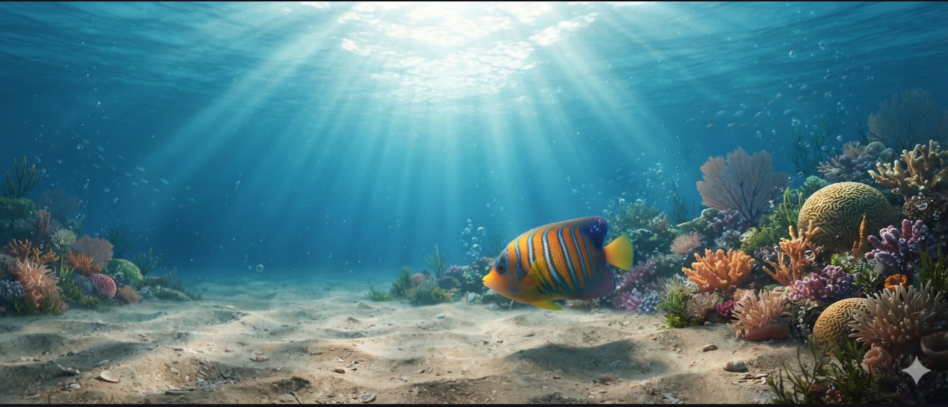 Sunlit coral reef with tropical fish on the ocean floor